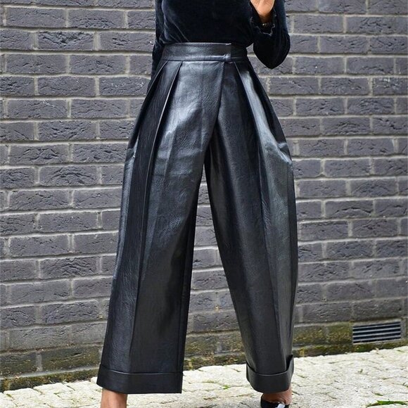 Black Elegant Women's Faux leather Baggy pocketed Pants contemporary high street - Picture 2 of 6